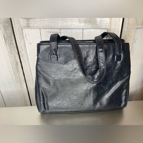 Vintage 1970s Navy Faux Leather Shoulder Hand Bag Fabric Print Interior - Picture 6 of 10